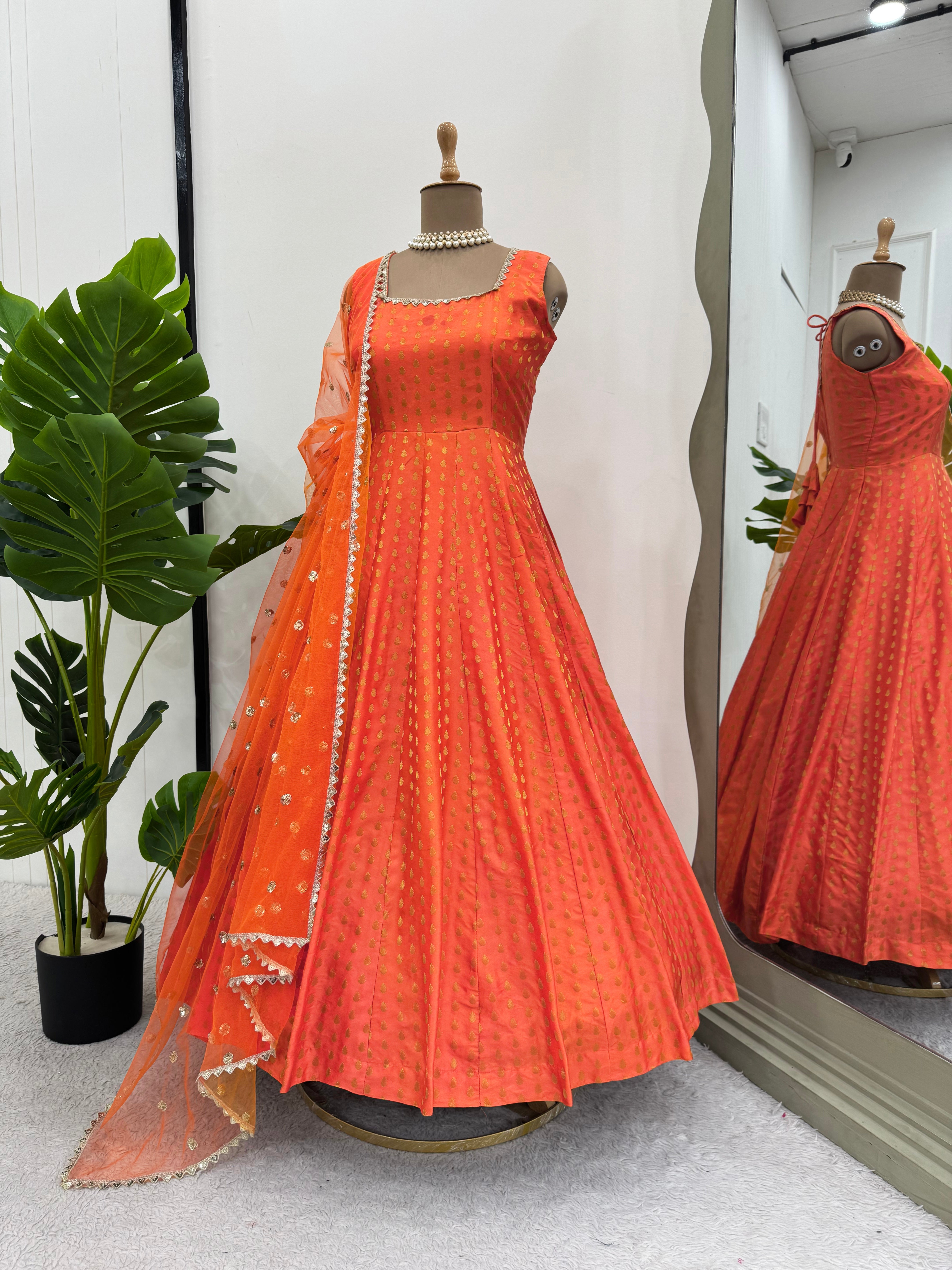 Orange Color Fully Stitched Jacquard Anarkali Gown