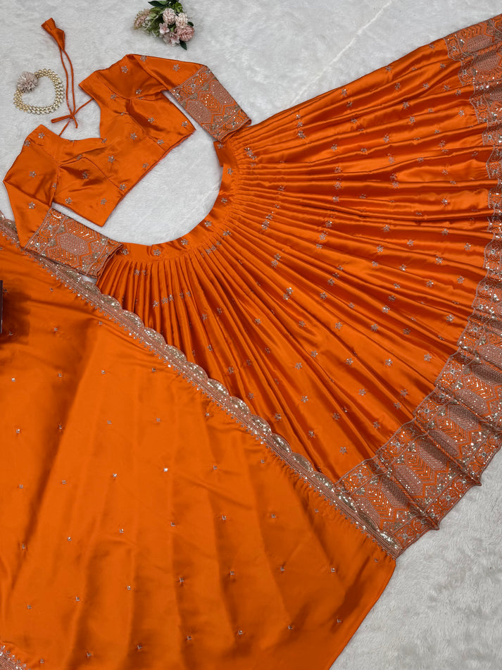 Beautiful Rust Orange Emroidery Silk Lehenga Choli
