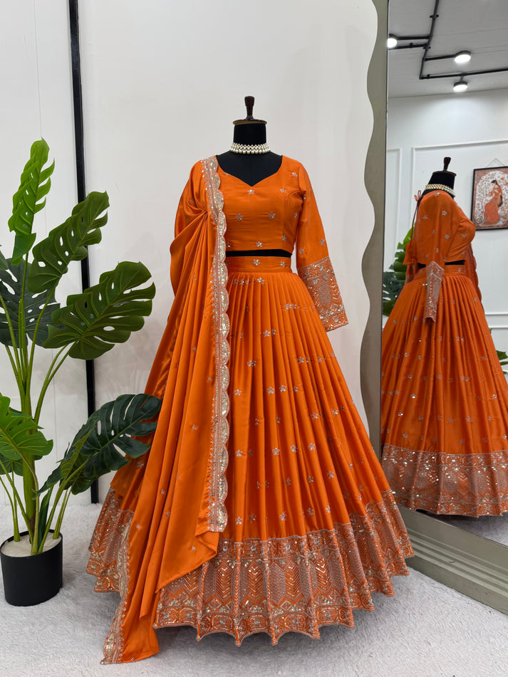 Beautiful Rust Orange Emroidery Silk Lehenga Choli