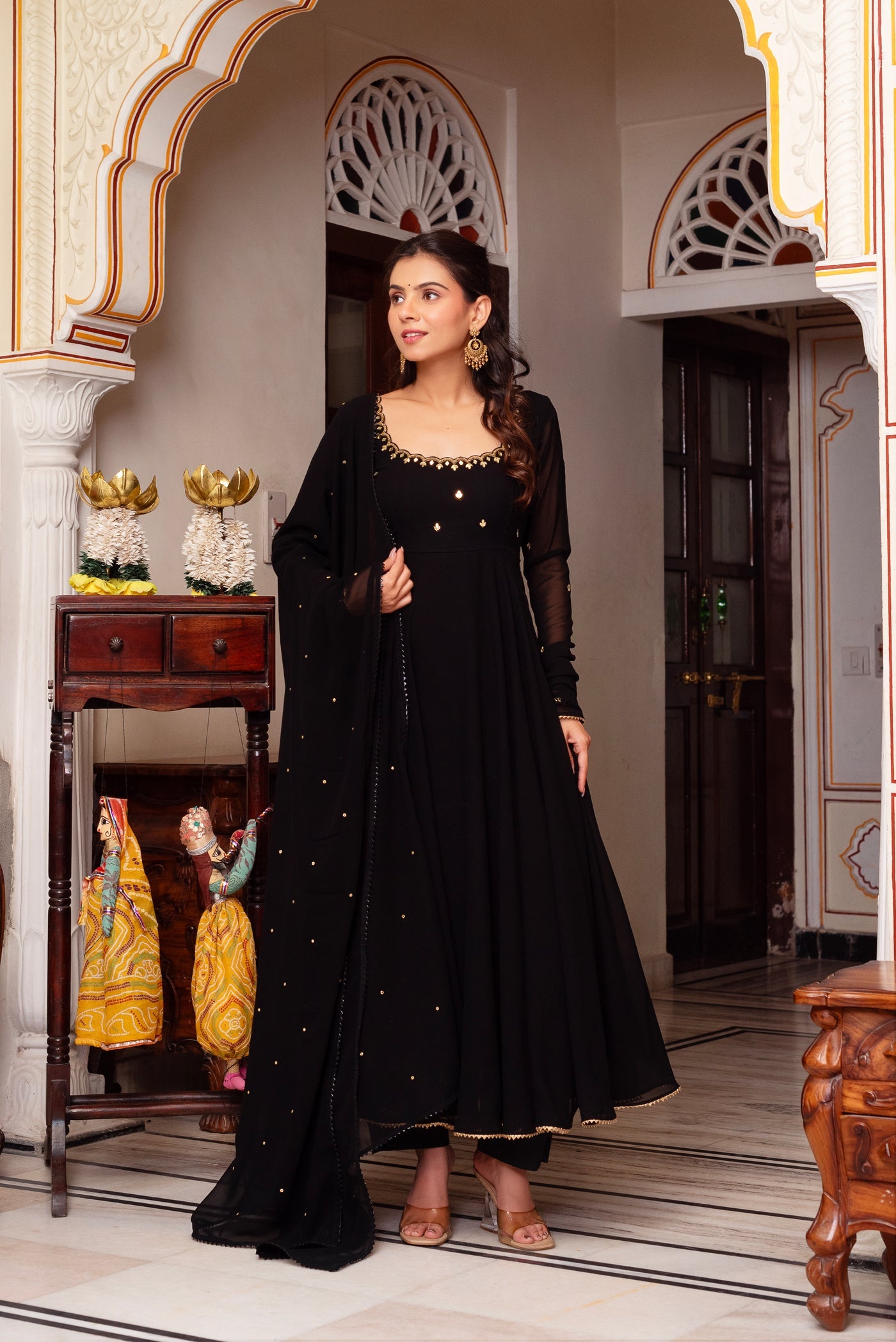 Most Trending Black Color Party Wear Real Miror Work Anarkali Suit