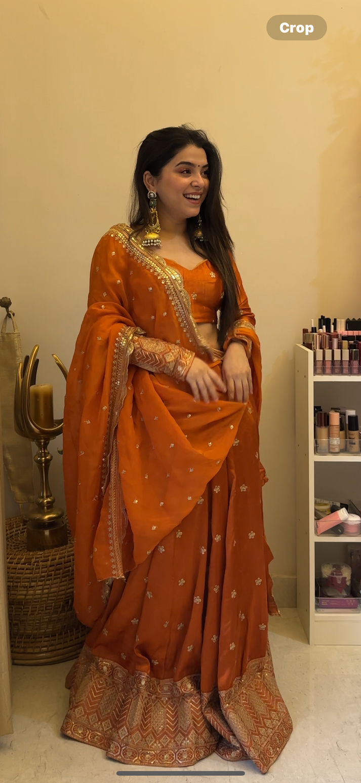 Beautiful Rust Orange Emroidery Silk Lehenga Choli
