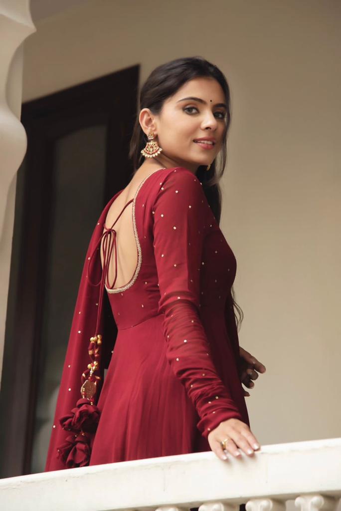 Dark Red Fully Flared Hand Diamond Work Anarkali Gown