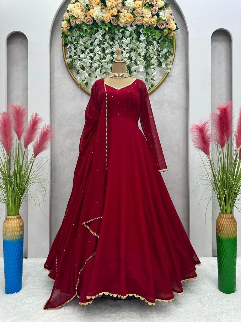 Dark Red Fully Flared Hand Diamond Work Anarkali Gown