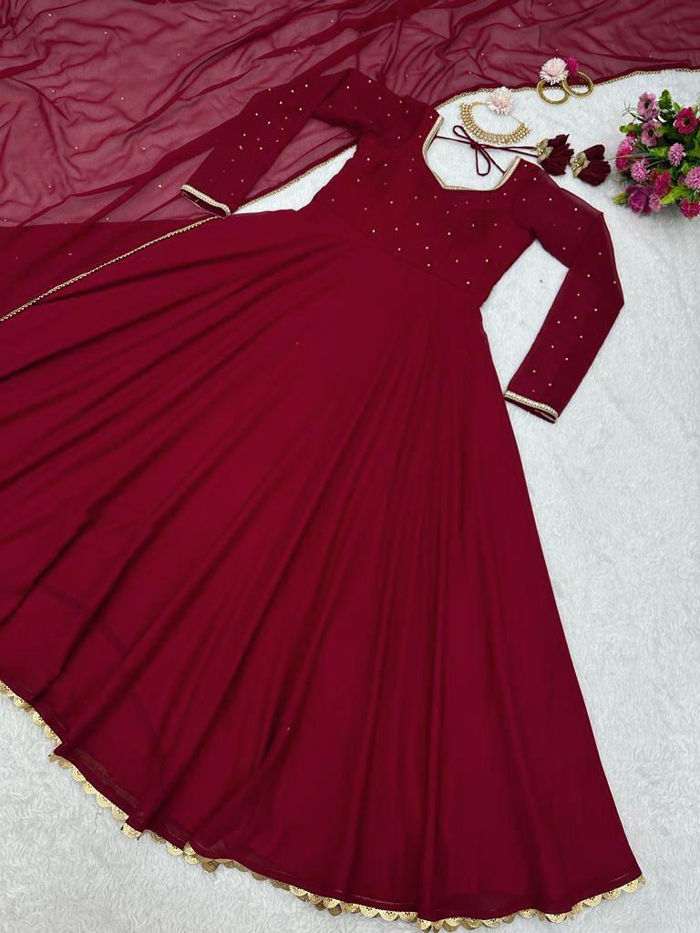 Dark Red Fully Flared Hand Diamond Work Anarkali Gown