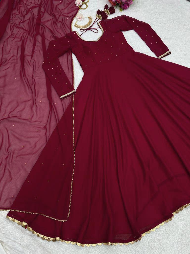 Dark Red Fully Flared Hand Diamond Work Anarkali Gown