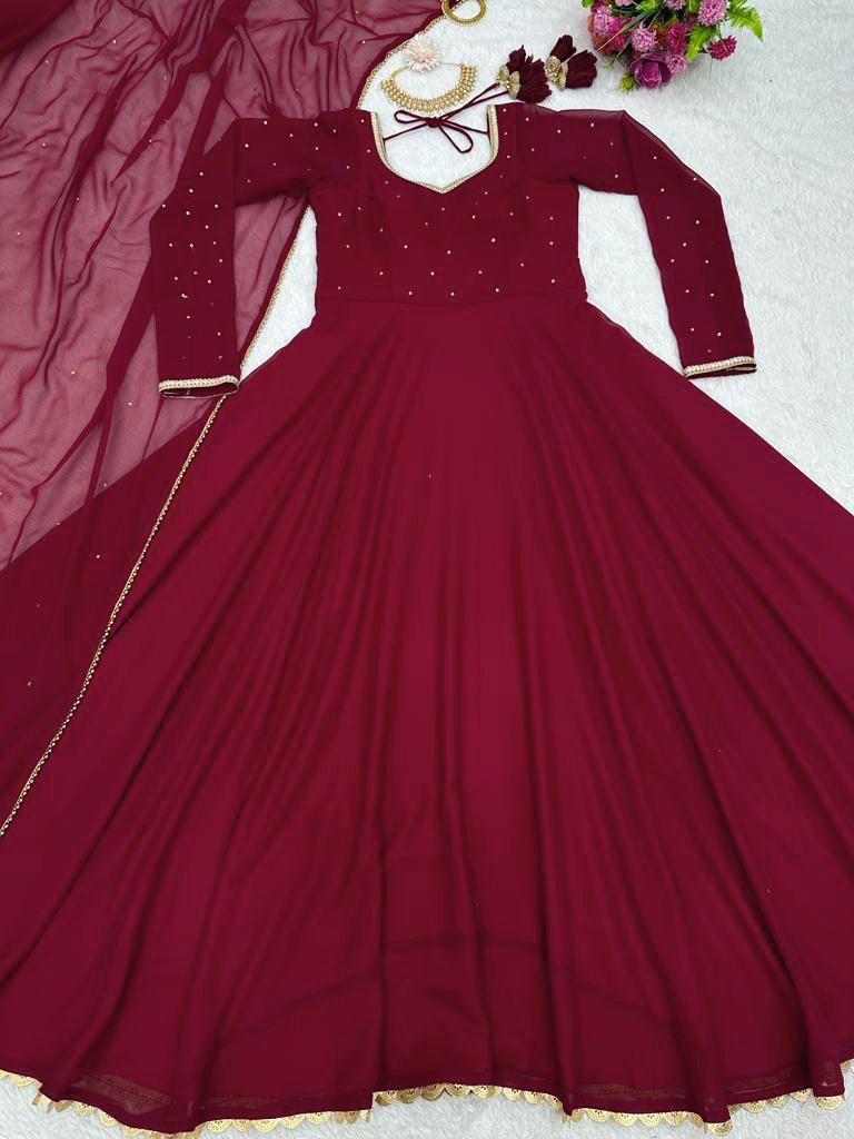 Dark Red Fully Flared Hand Diamond Work Anarkali Gown