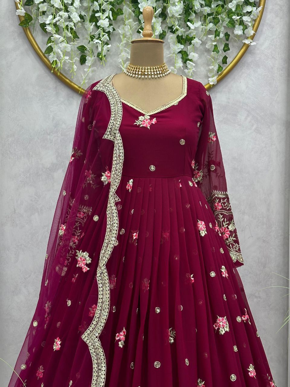 Most Beautiful Cherry Color Party wear Anarkali Suit with Dupatta