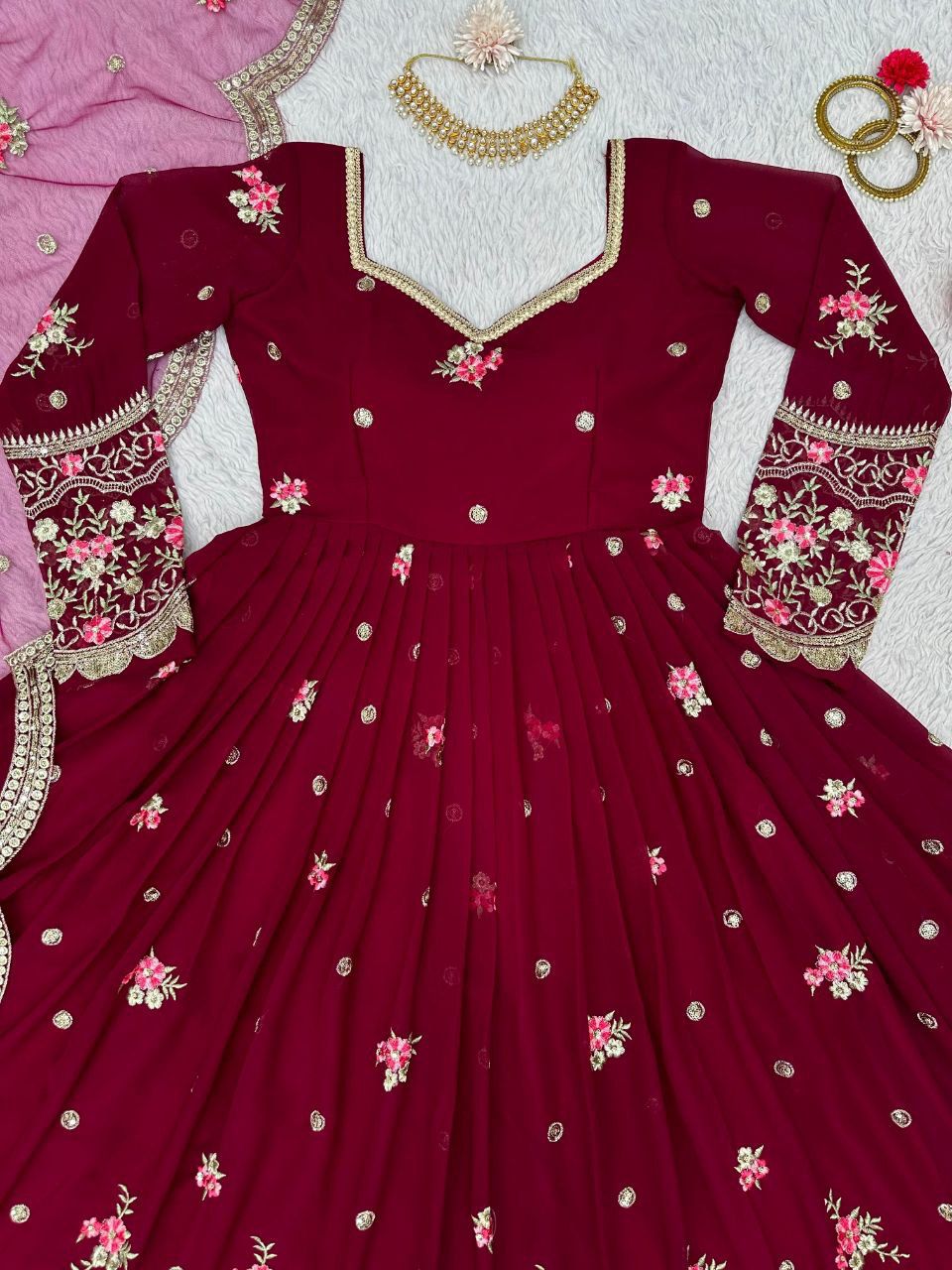 Most Beautiful Cherry Color Party wear Anarkali Suit with Dupatta