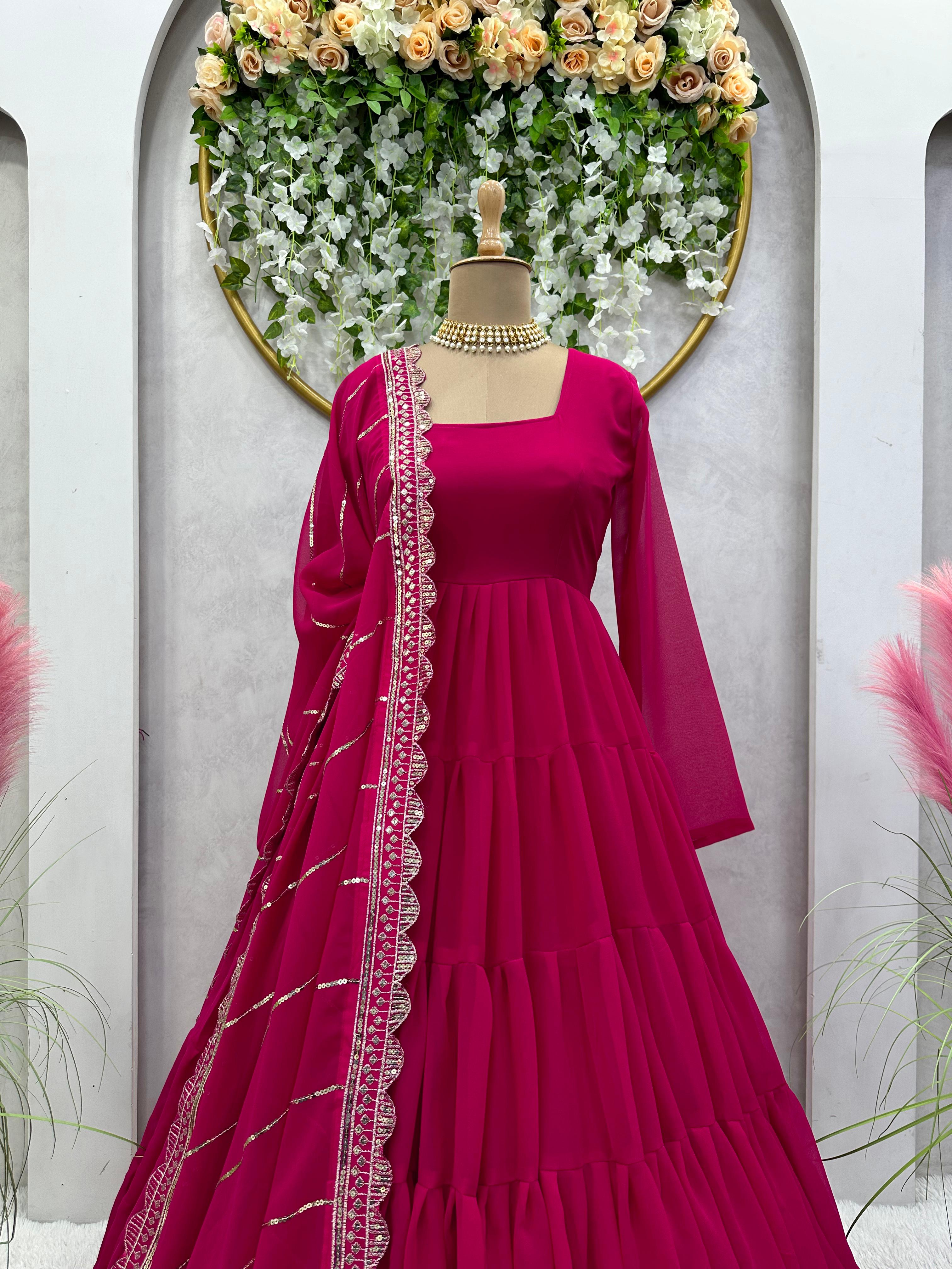 Adorable Ruffle Style Pink Long Gown With Work Dupatta