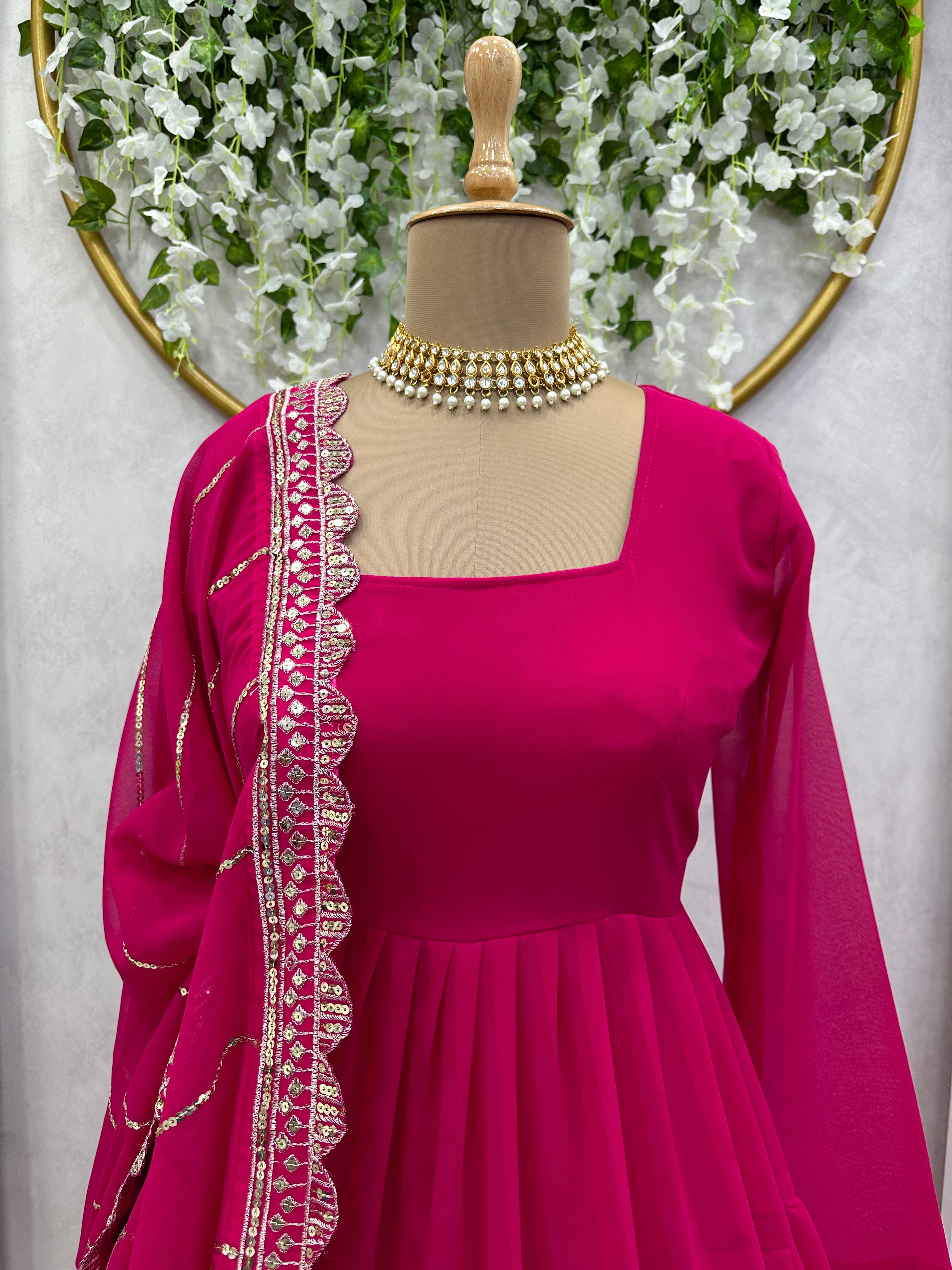 Adorable Ruffle Style Pink Long Gown With Work Dupatta