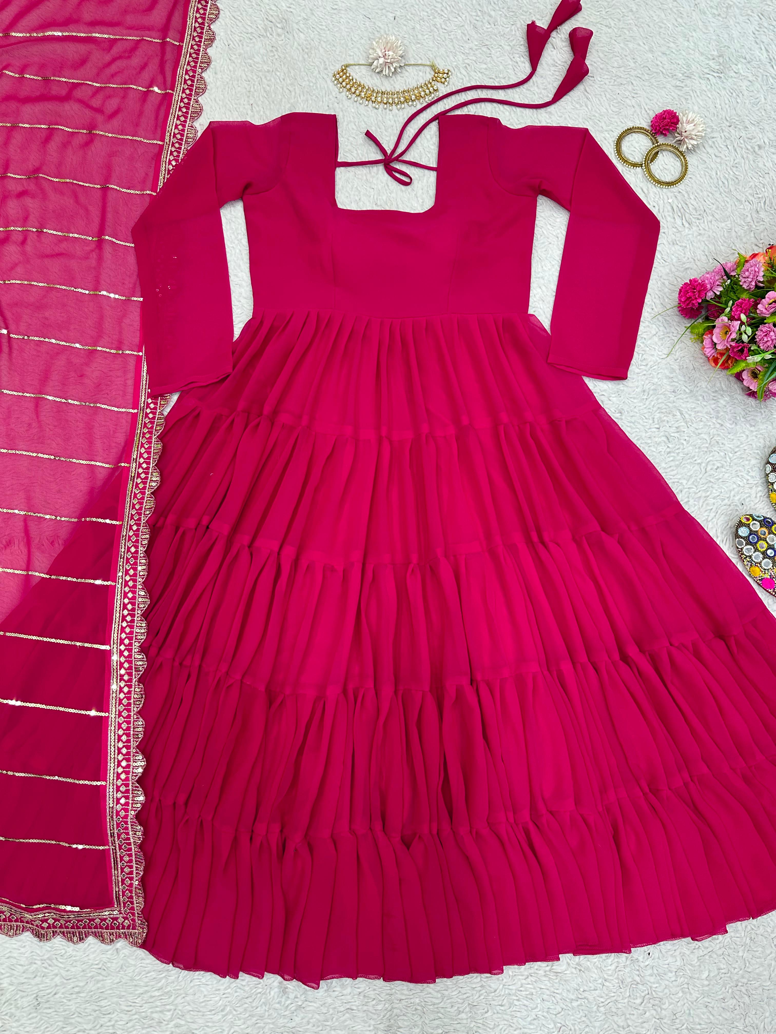 Adorable Ruffle Style Pink Long Gown With Work Dupatta