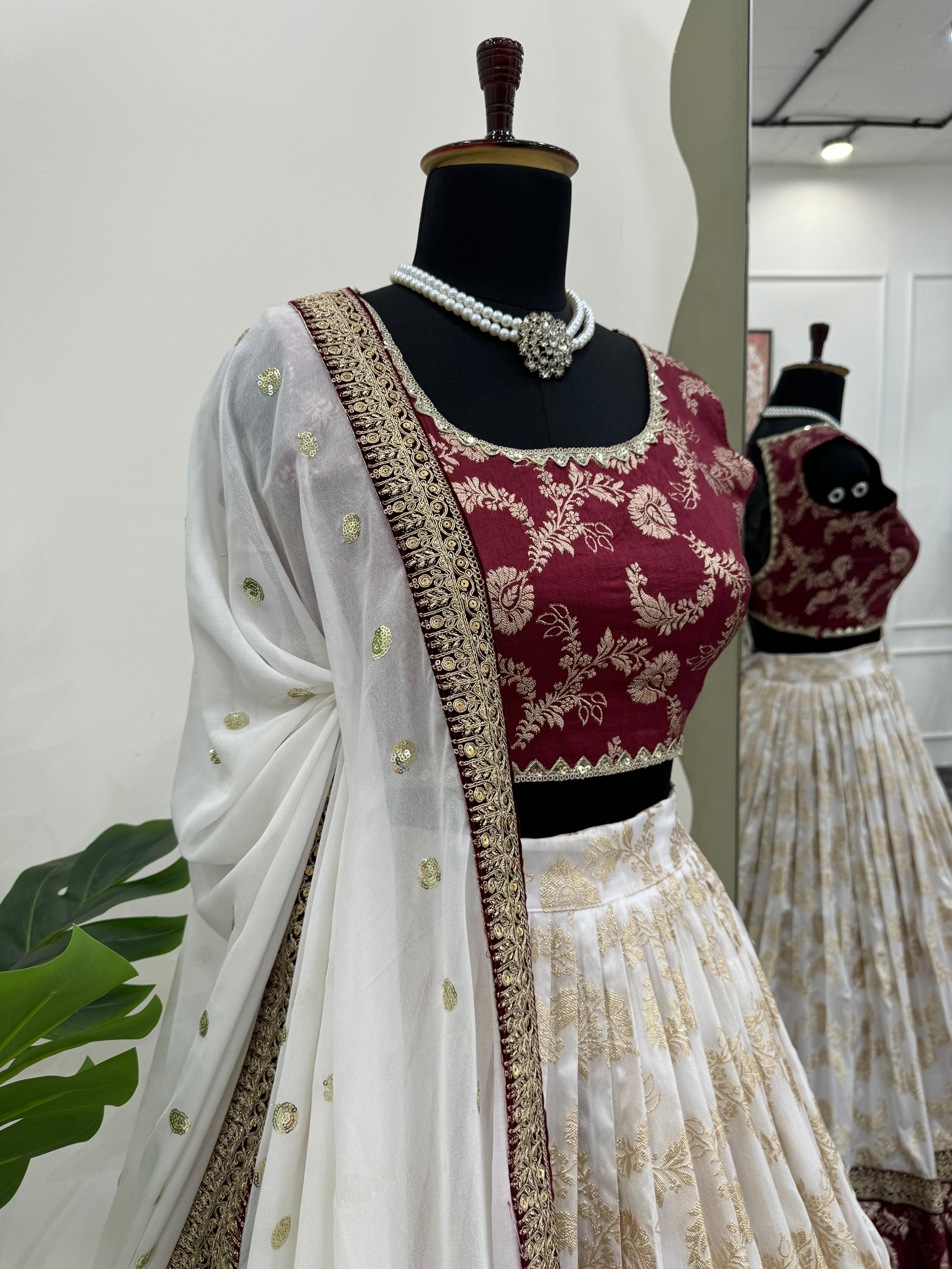 Trending White Color Wedding Wear Jequared Silk Lehenga Choli