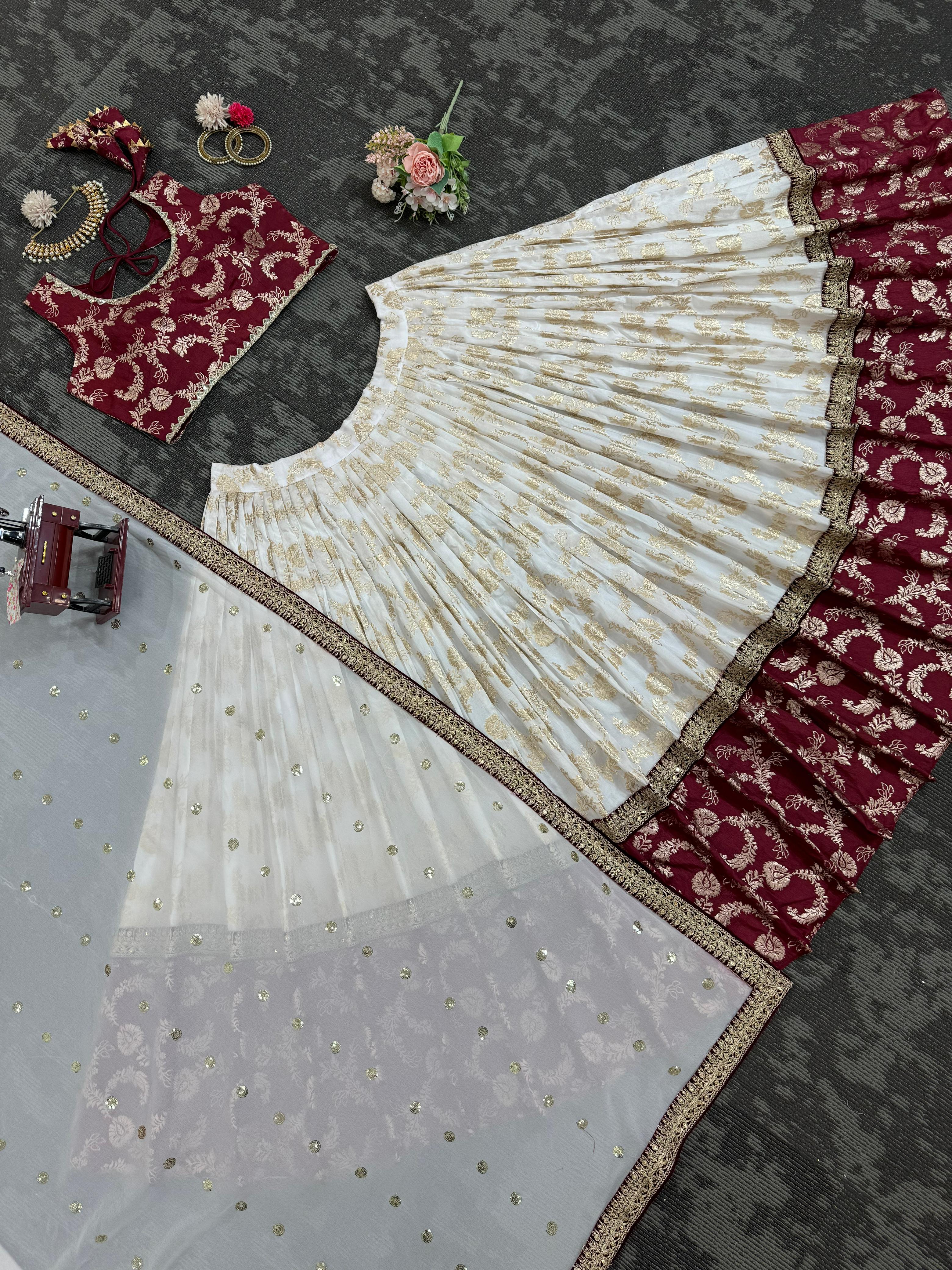 Trending White Color Wedding Wear Jequared Silk Lehenga Choli