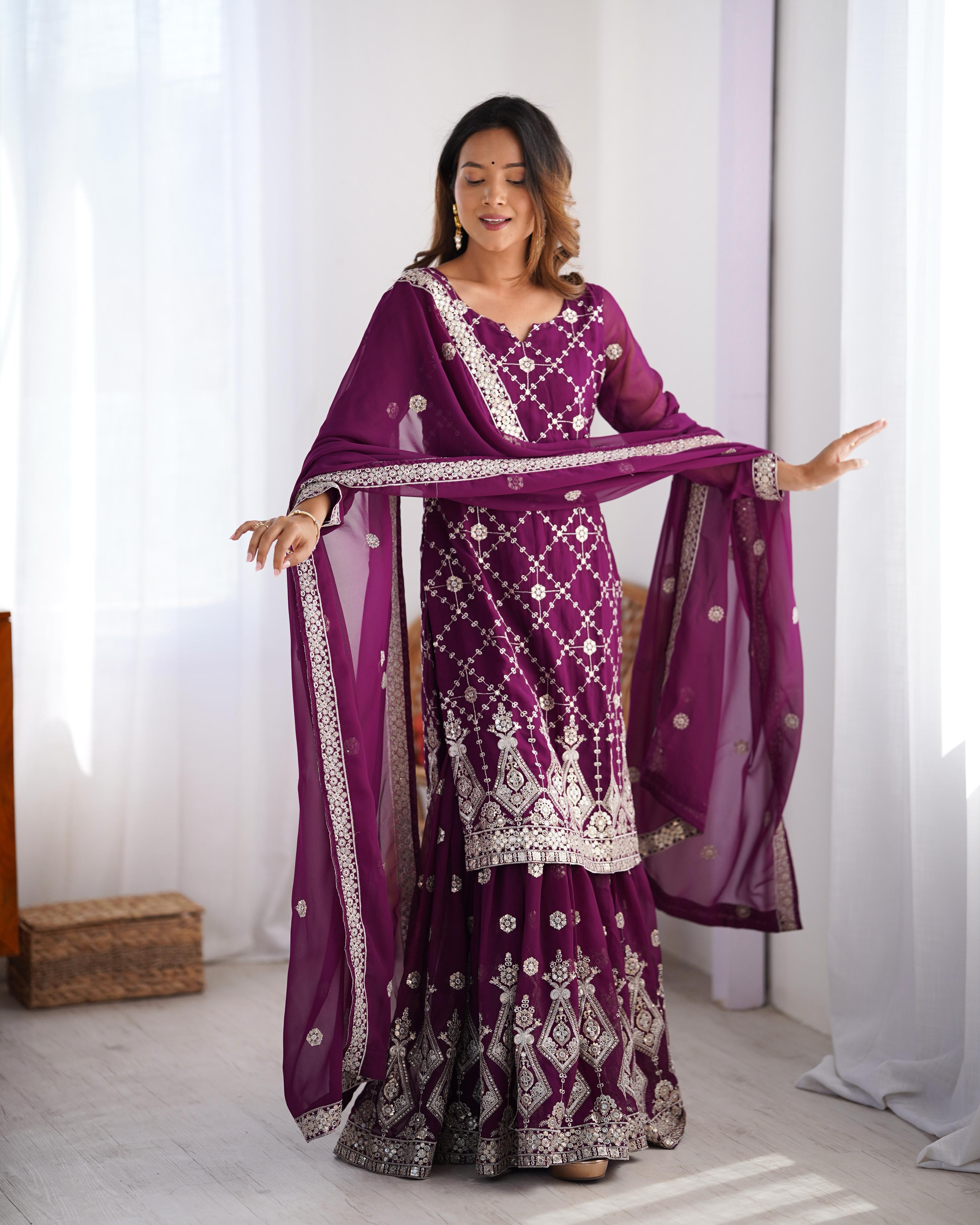 Festive Special Wine Color Party Wear Sequin Work Sharara Dress