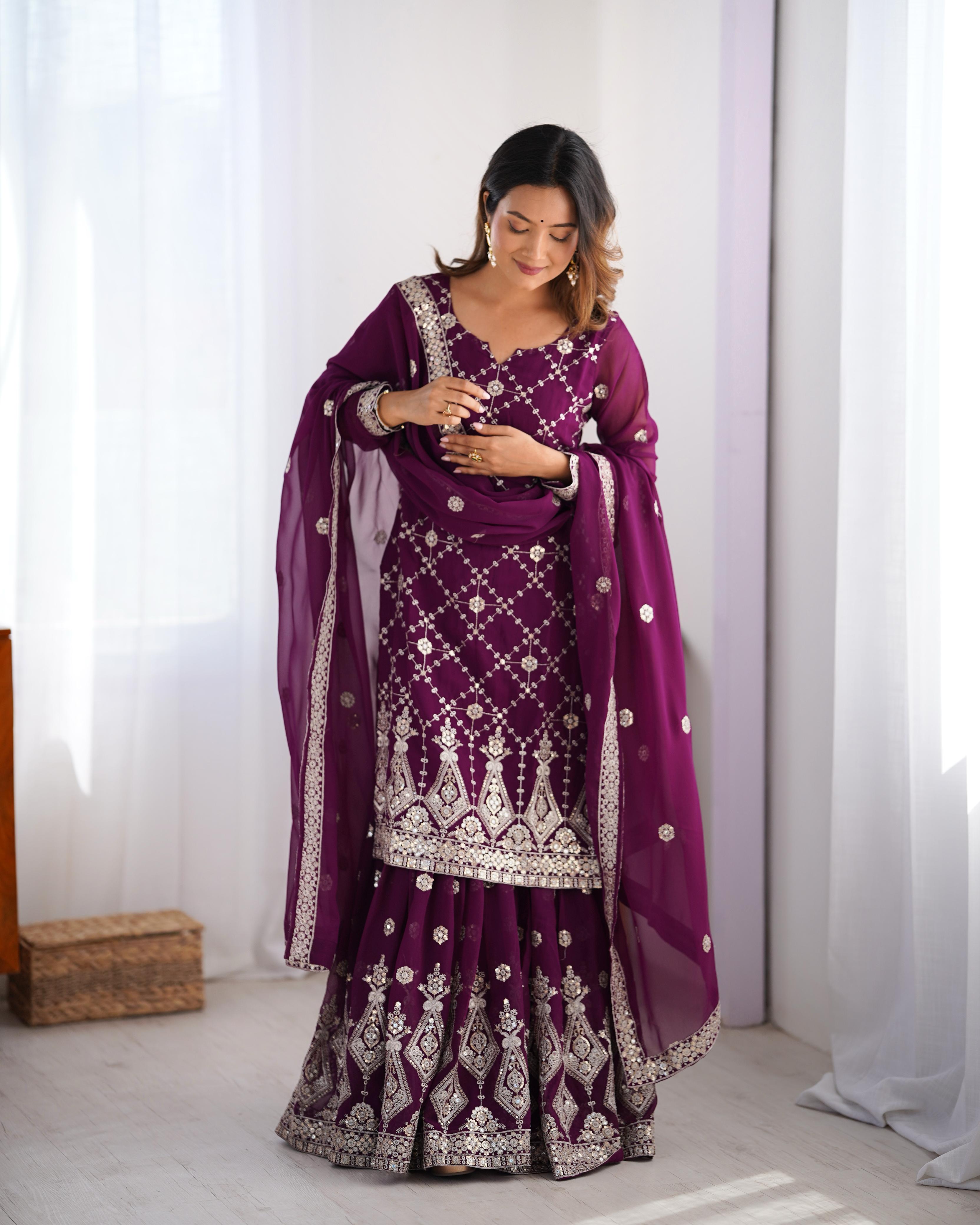 Festive Special Wine Color Party Wear Sequin Work Sharara Dress