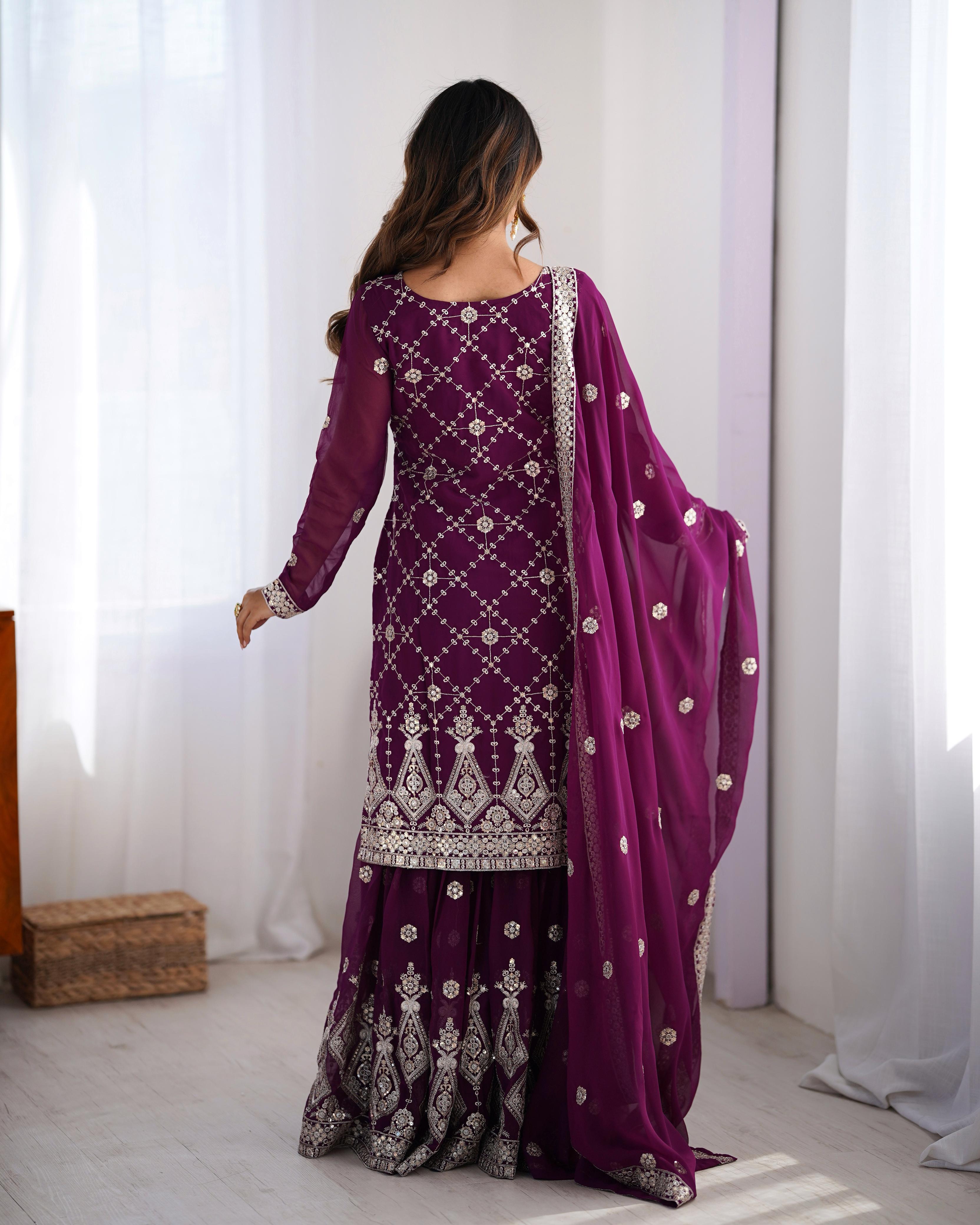 Festive Special Wine Color Party Wear Sequin Work Sharara Dress