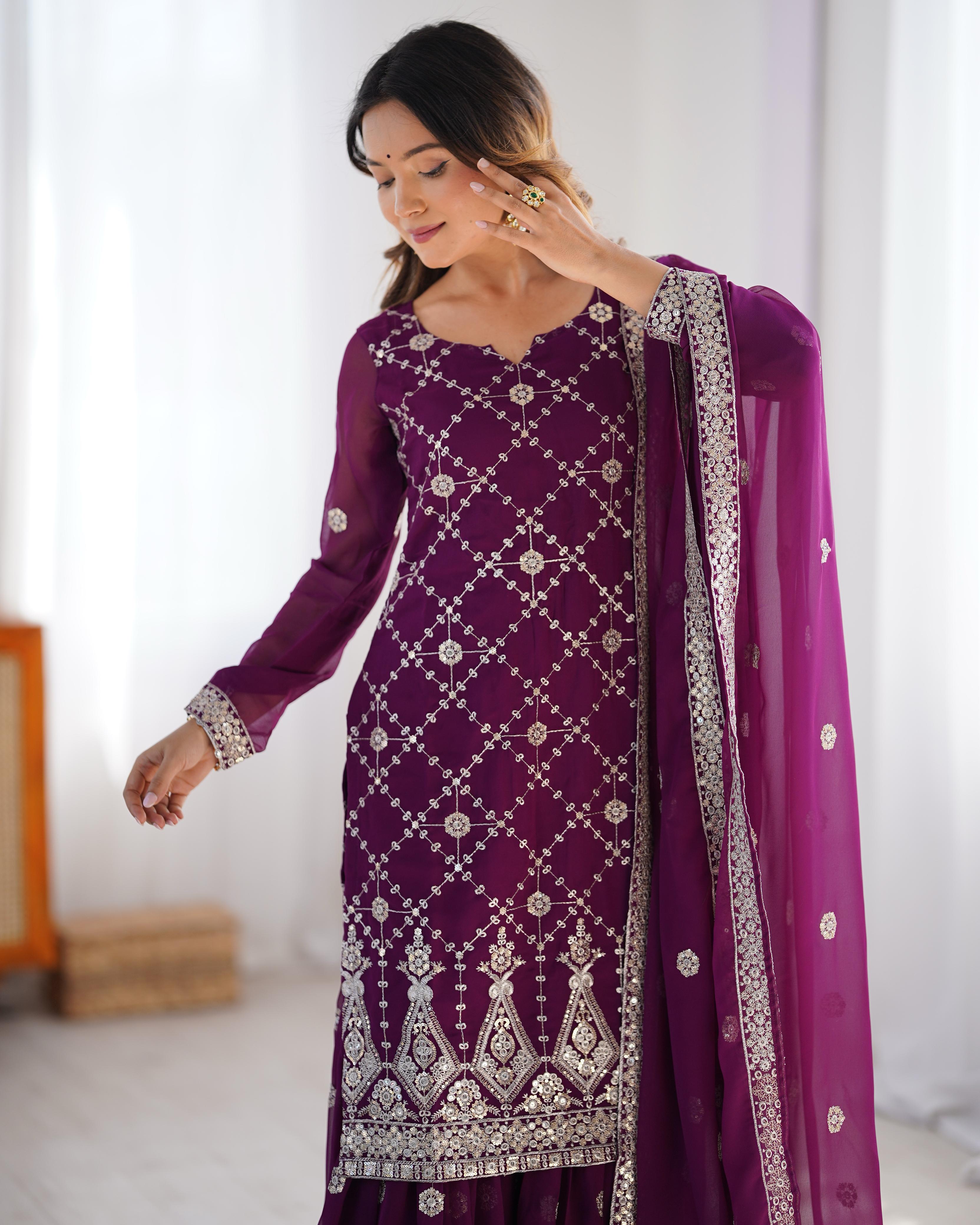 Festive Special Wine Color Party Wear Sequin Work Sharara Dress