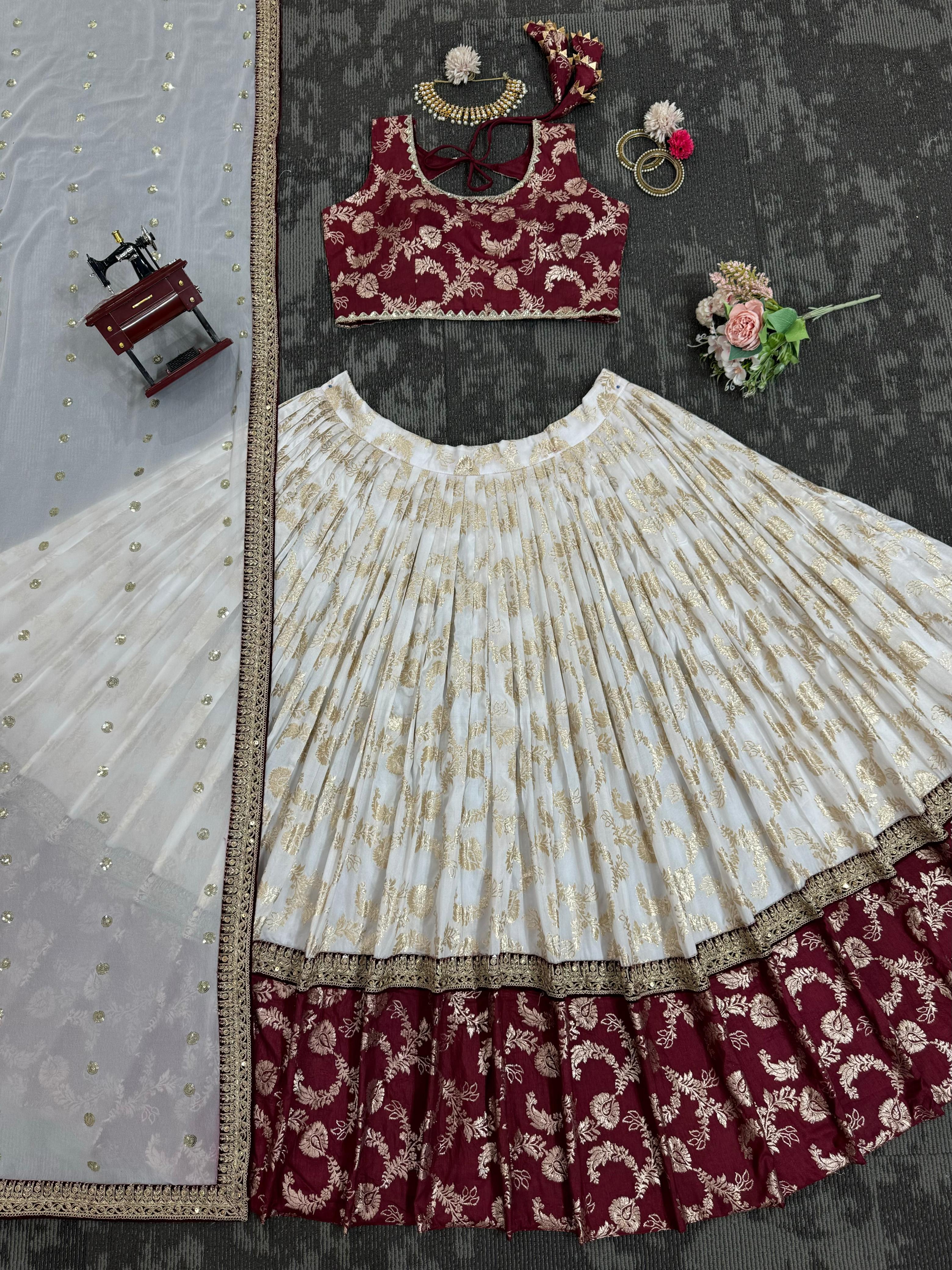 Festive Special White and maroon silk lehenga set