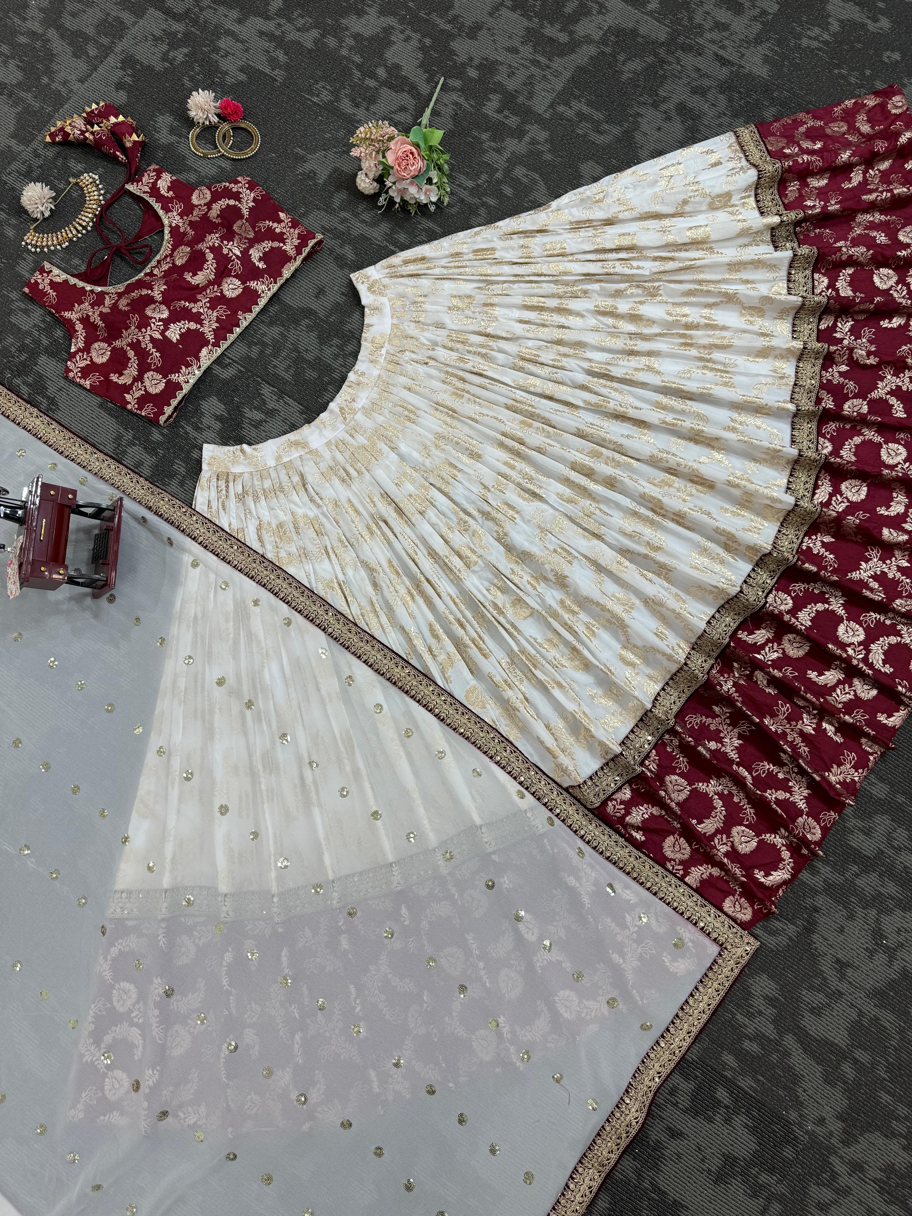 Festive Special White and maroon silk lehenga set