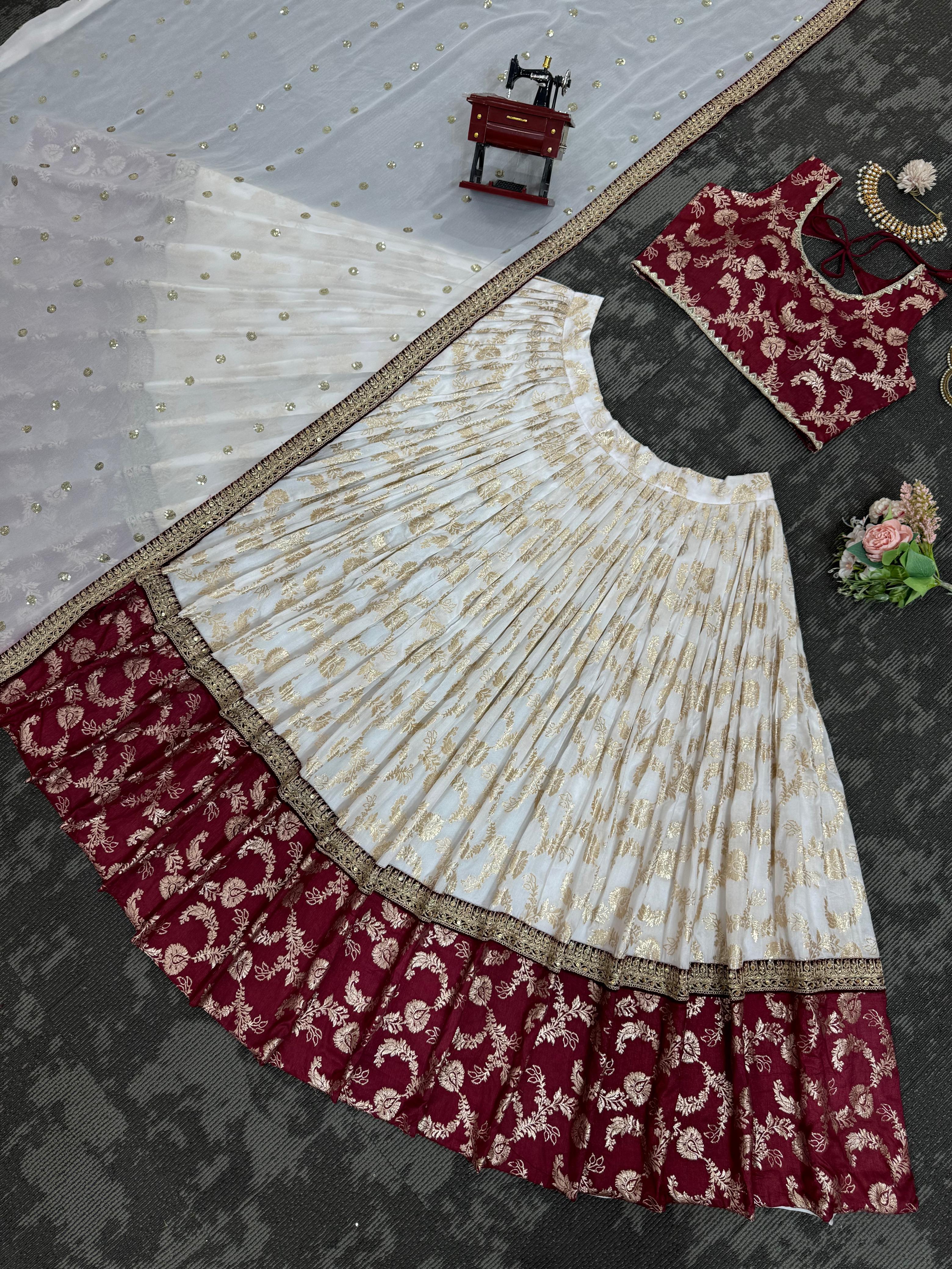 Festive Special White and maroon silk lehenga set