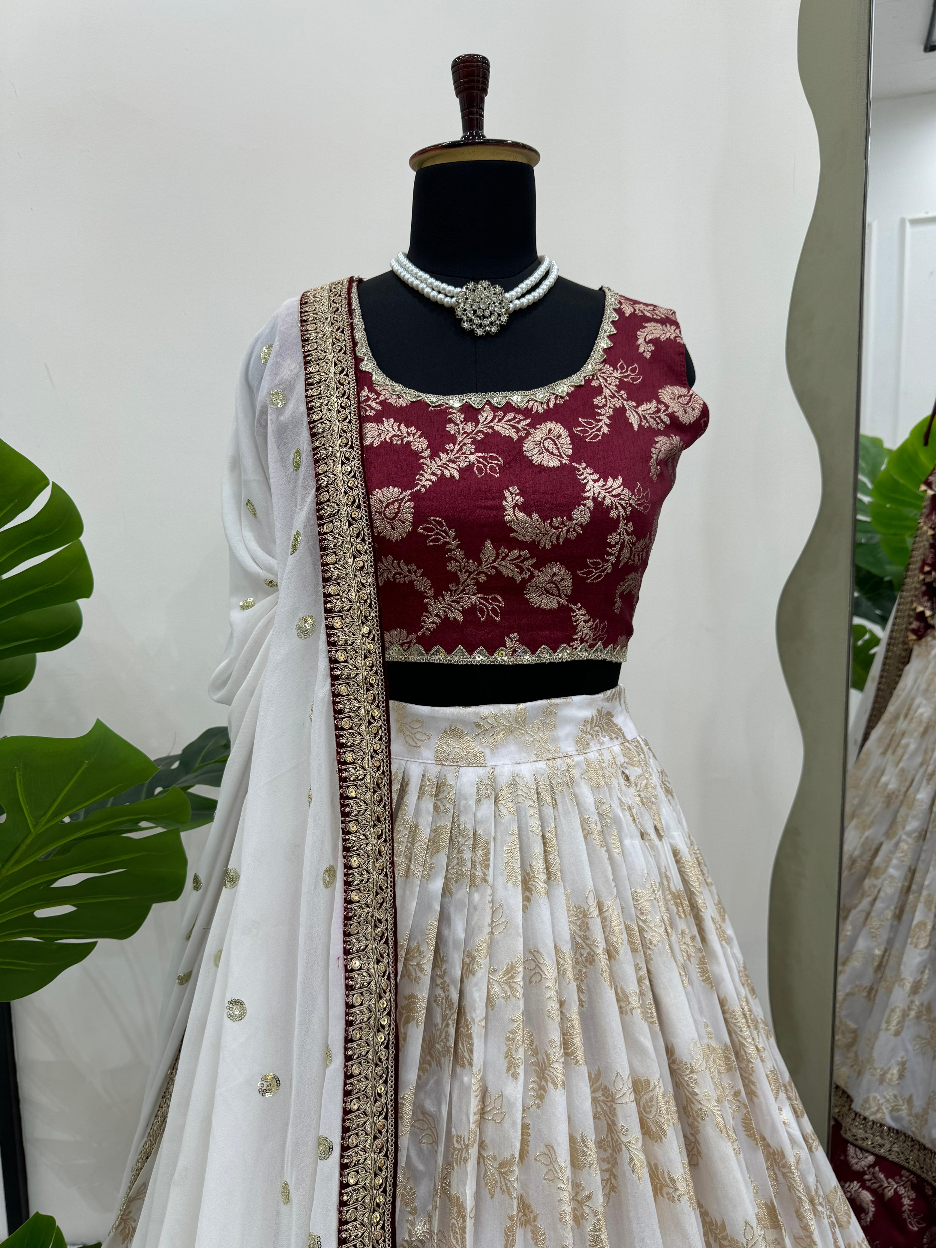 Festive Special White and maroon silk lehenga set