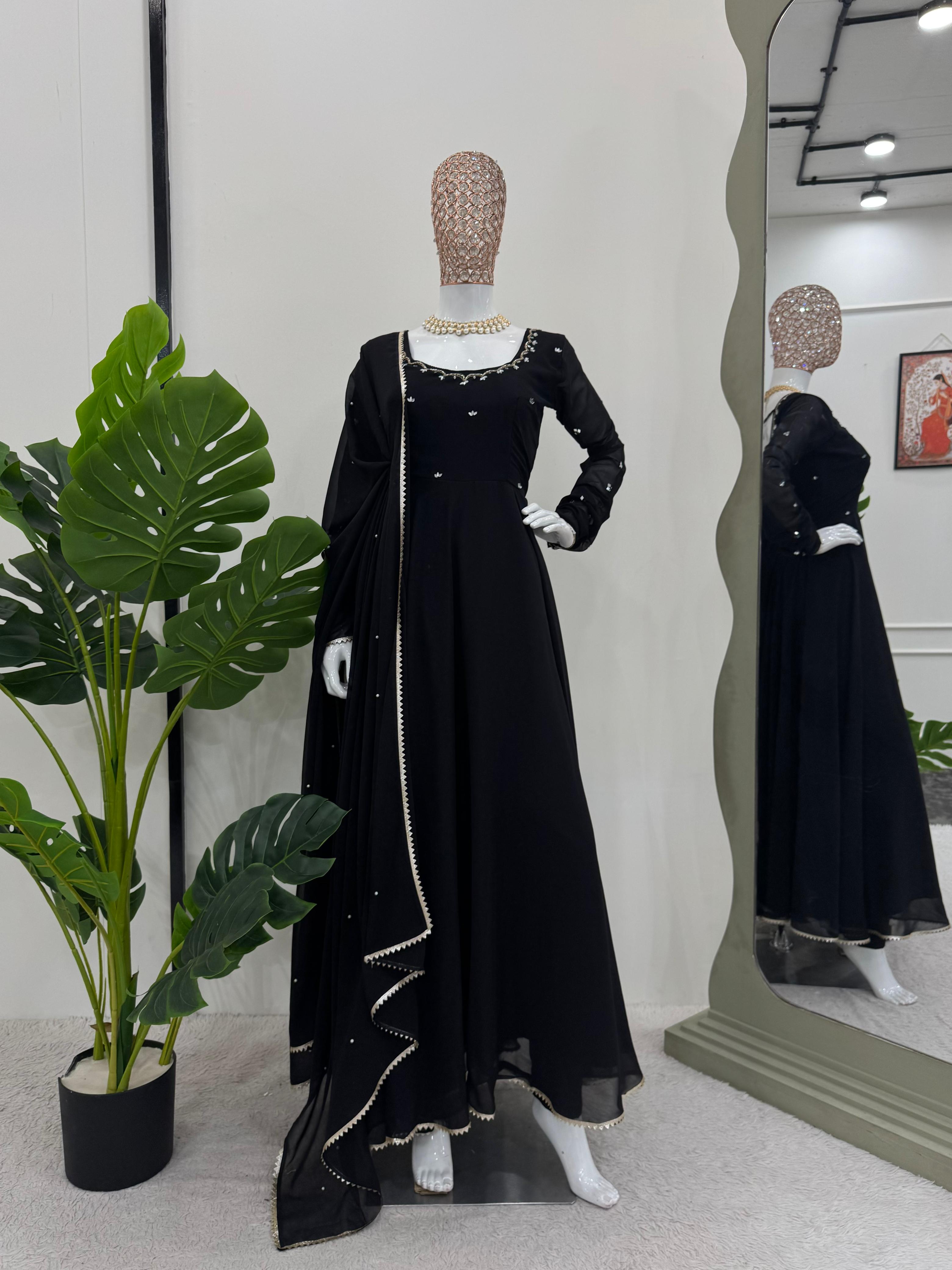 Most Trending Black Color Party Wear Real Miror Work Anarkali Suit