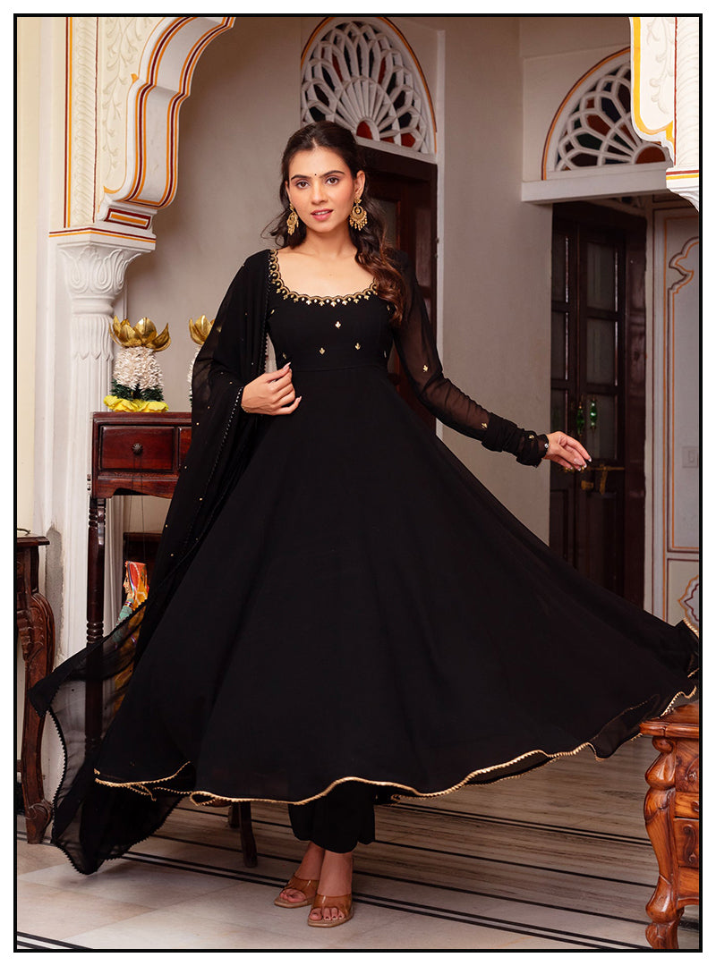 Most Trending Black Color Party Wear Real Miror Work Anarkali Suit