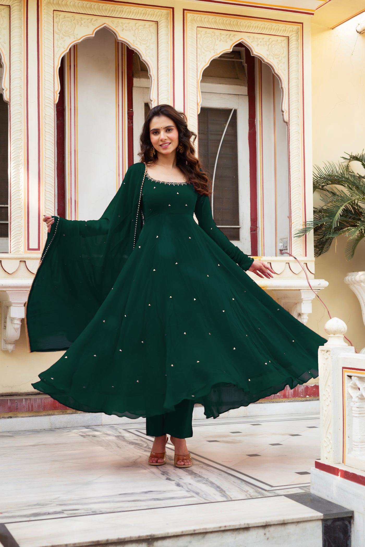Festive Special Green Color Handwork Anarkali Suit