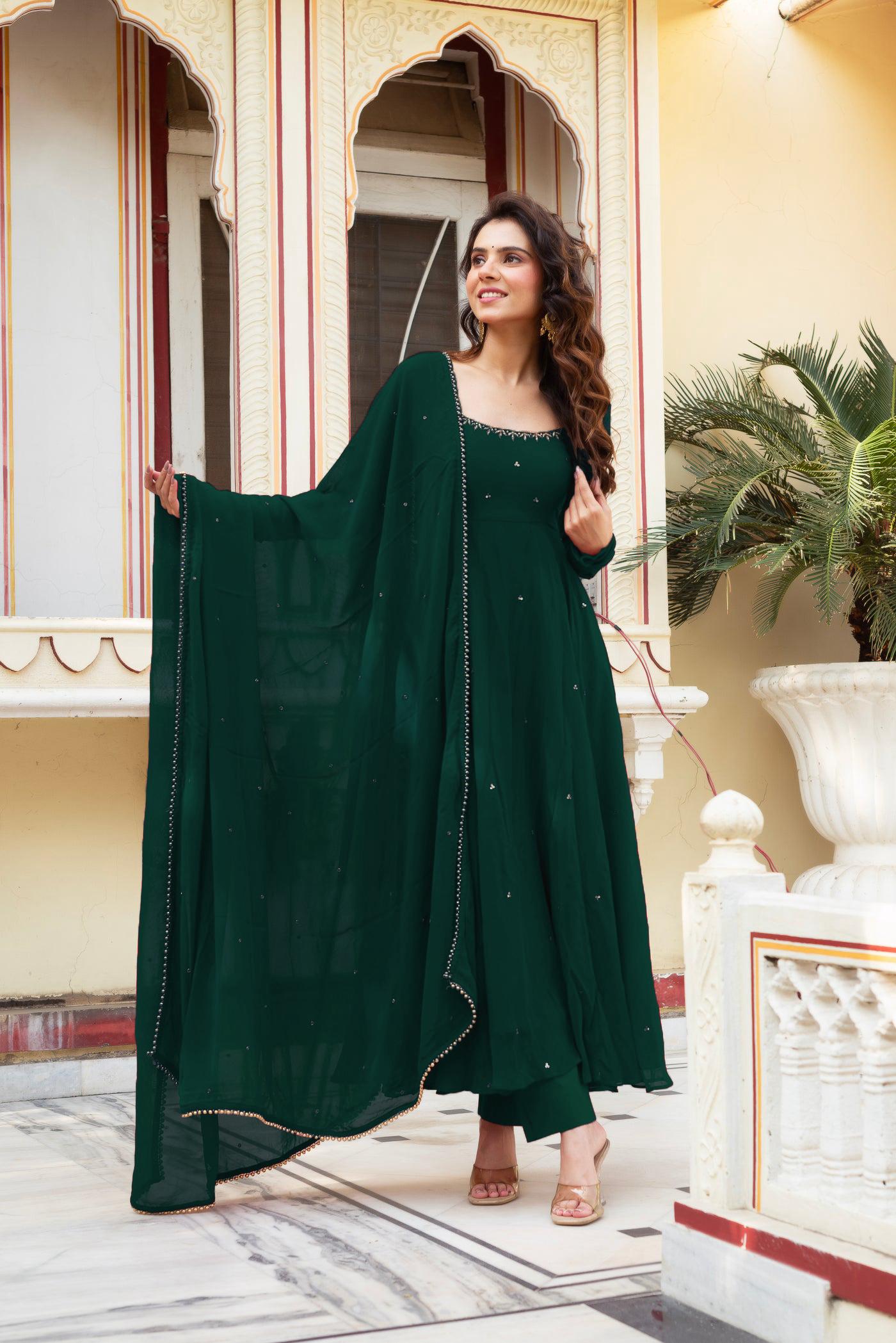 Festive Special Green Color Handwork Anarkali Suit