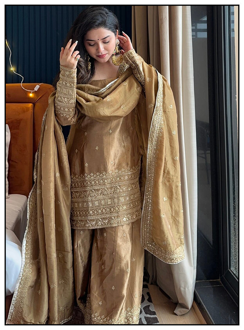 Festive Special Golden Color Party Wear Plazzo Suit with Dupatta