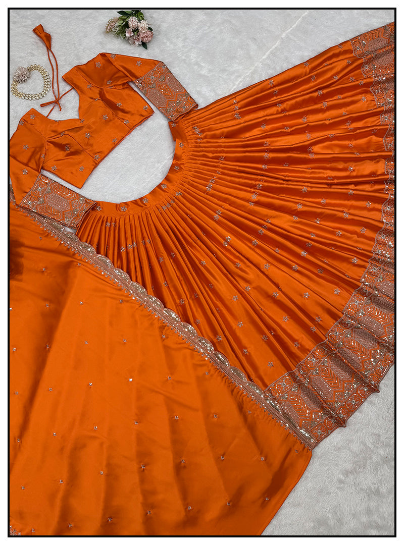 Wedding Special Burnt Orange Pure Satin Silk Lehenga Choli with Dupatta