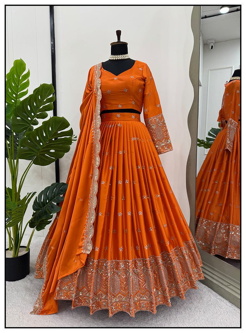 Wedding Special Burnt Orange Pure Satin Silk Lehenga Choli with Dupatta