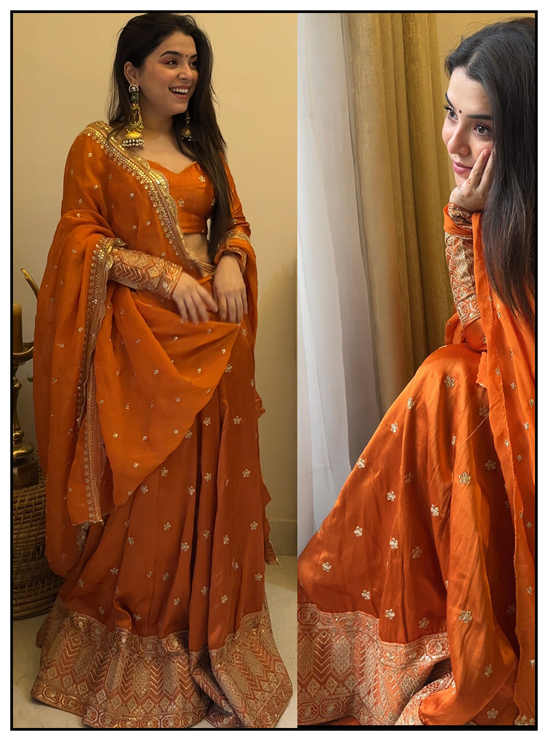 Wedding Special Burnt Orange Pure Satin Silk Lehenga Choli with Dupatta