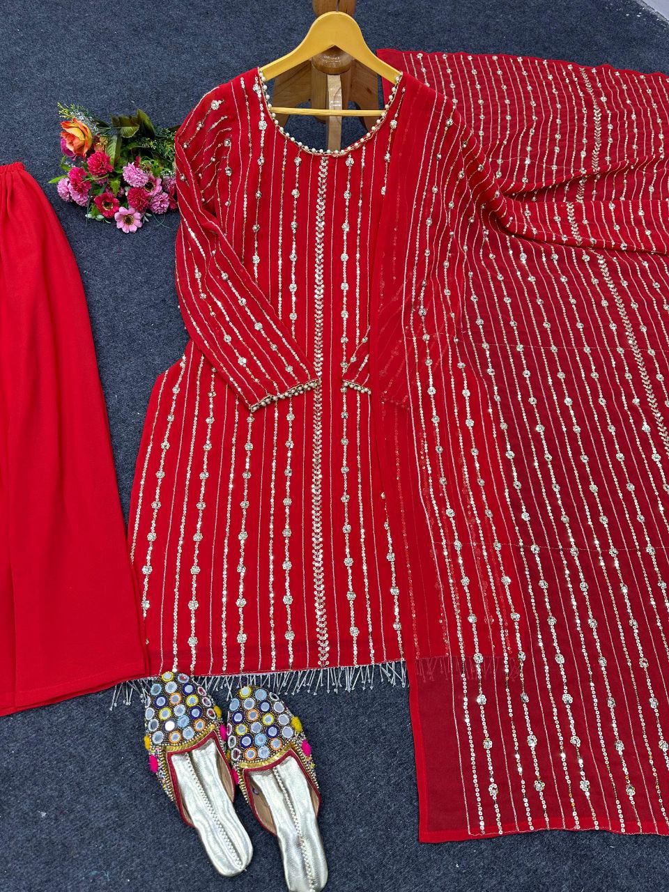 Designer Red Color Party Wear Plazzo Suit with Dupatta