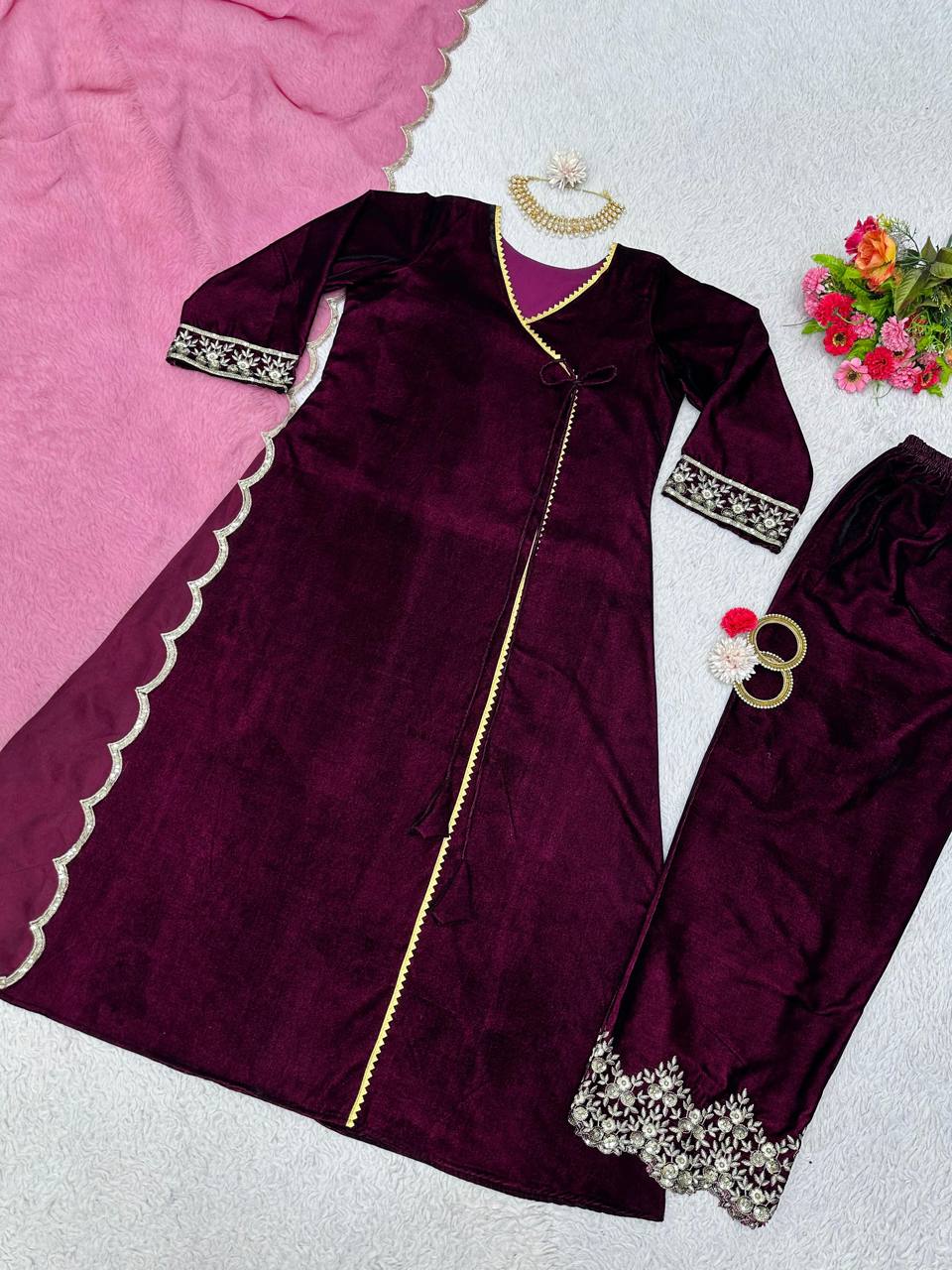 Beautiful Wine Color Viscos Velvet Designer Suit