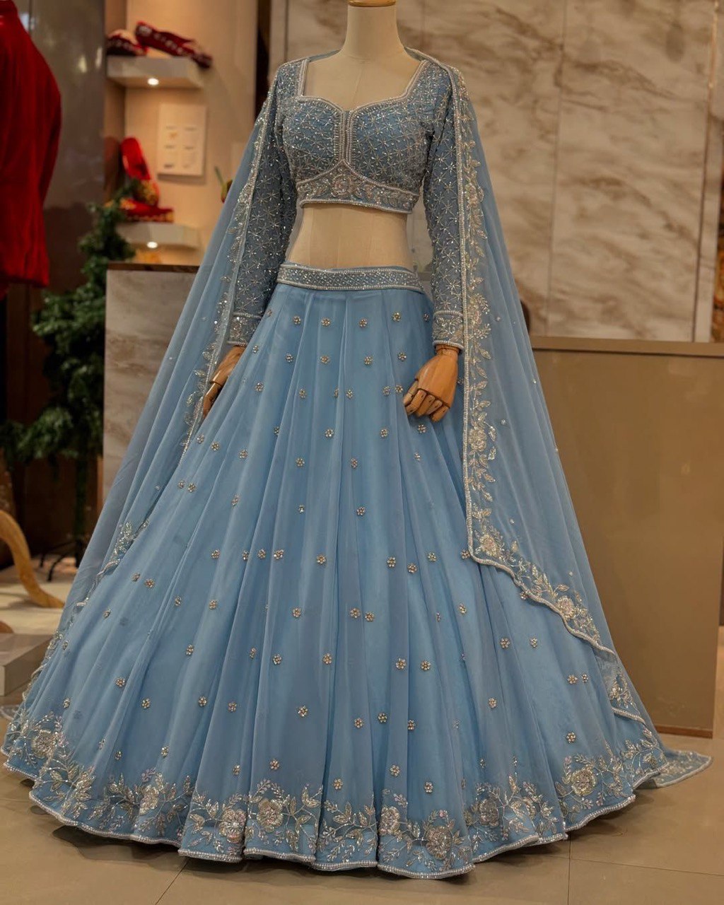 Most attractive Sky Blue Color Embroidery  Designer Lehenga Choli