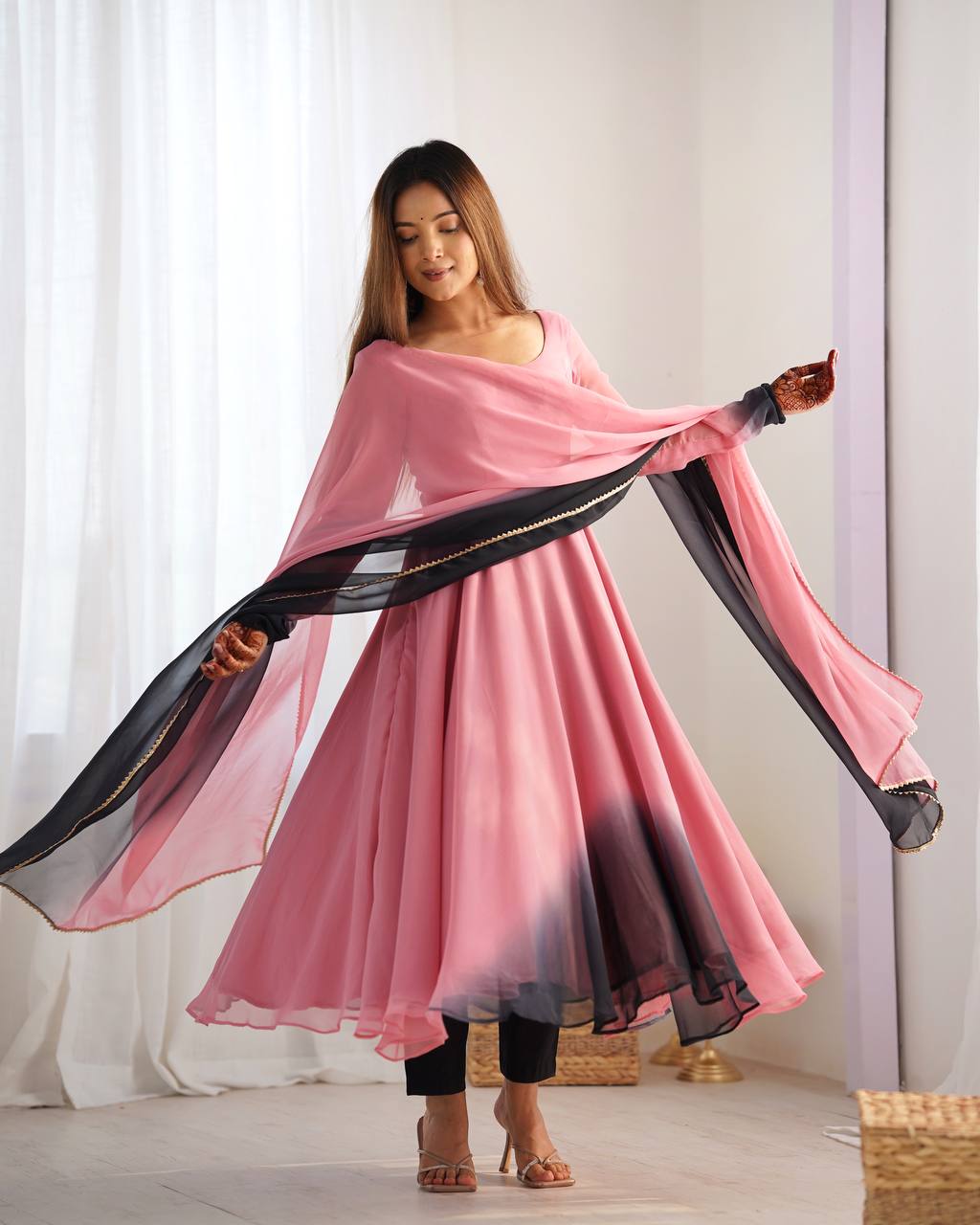 Peach N Black Georgette Anarkali Suit