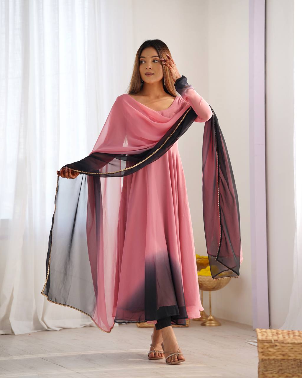 Peach N Black Georgette Anarkali Suit