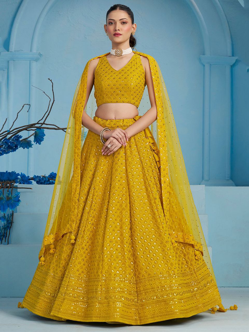 Haldi Function Special Yellow Color Embroidery Sequin Work Lehenga Choli
