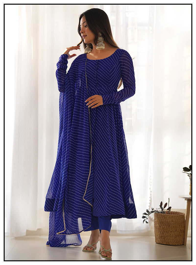 Royal Blue Georgette Printed Anarkali Dress With Pant & Dupatta