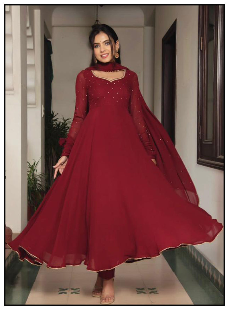 Dark Red Fully Flared Hand Diamond Work Anarkali Gown