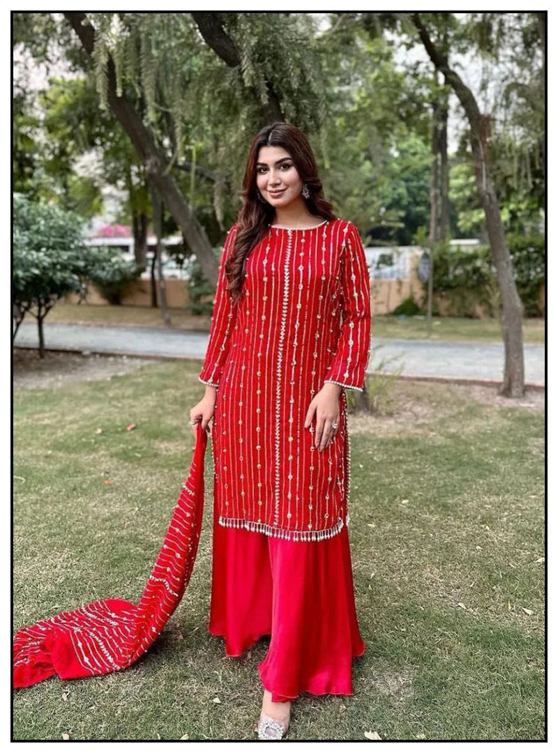 Designer Red Color Party Wear Plazzo Suit with Dupatta