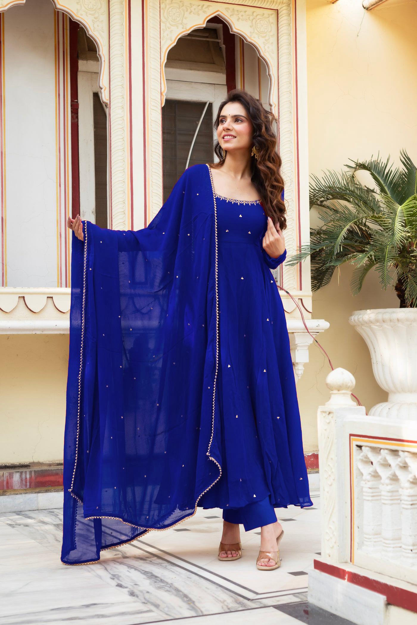 Most Attractive Royal Blue Color Handwork Anarkali Suit
