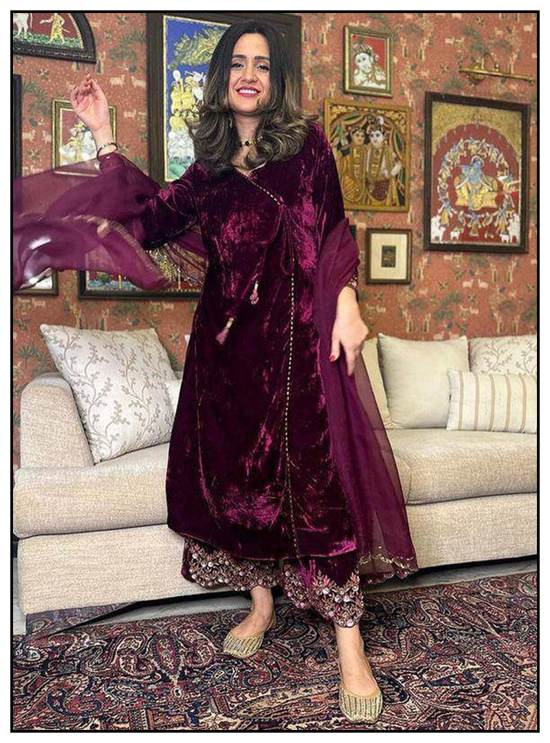 Beautiful Wine Color Viscos Velvet Designer Suit