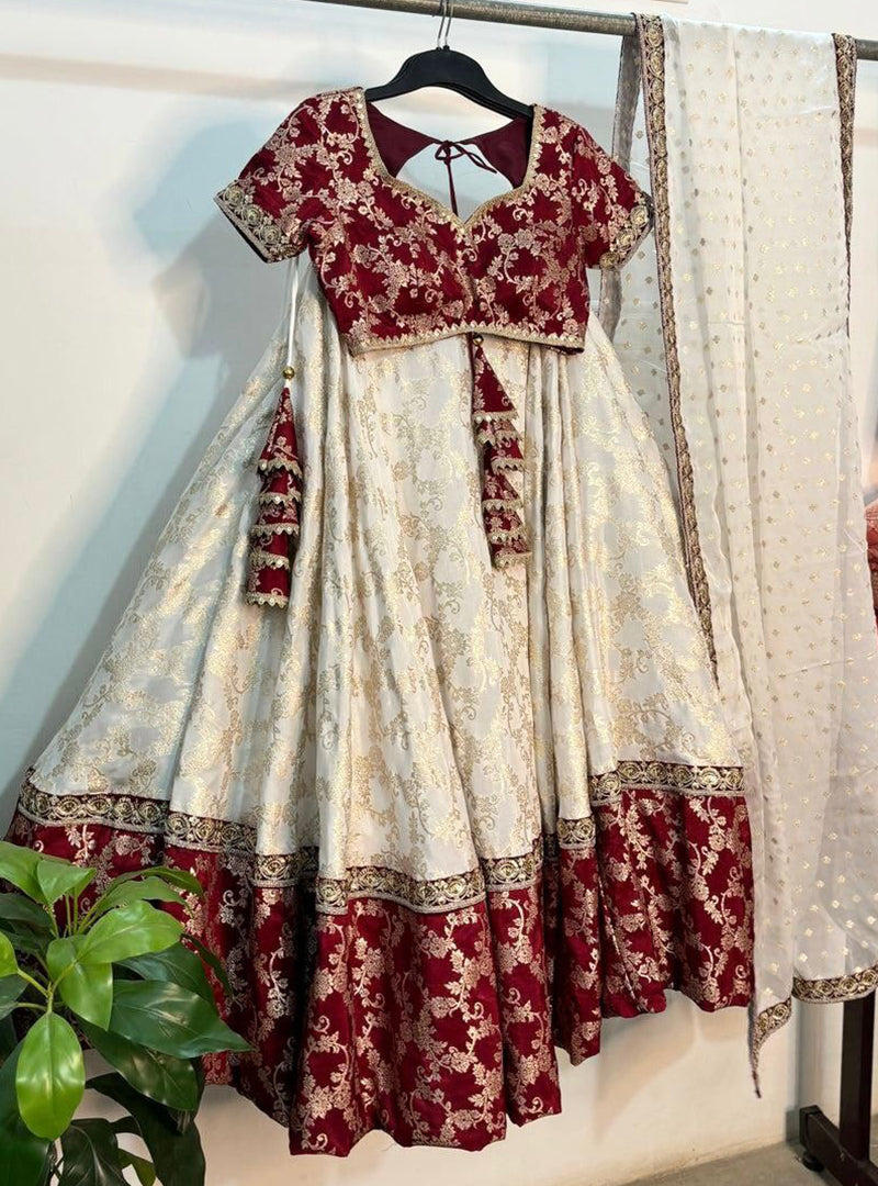 Trending White Color Wedding Wear Jequared Silk Lehenga Choli