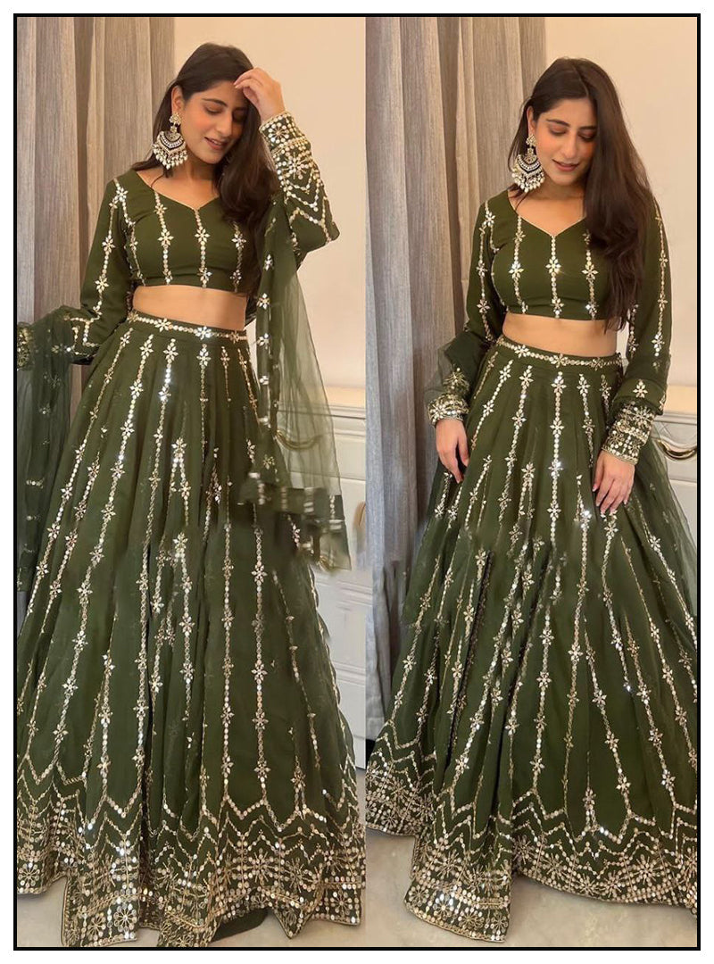 Yankita Kapoor Style Olive Green Embroidered Lehenga Choli