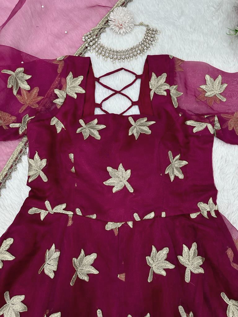 Wine organza thread work anarkali suit