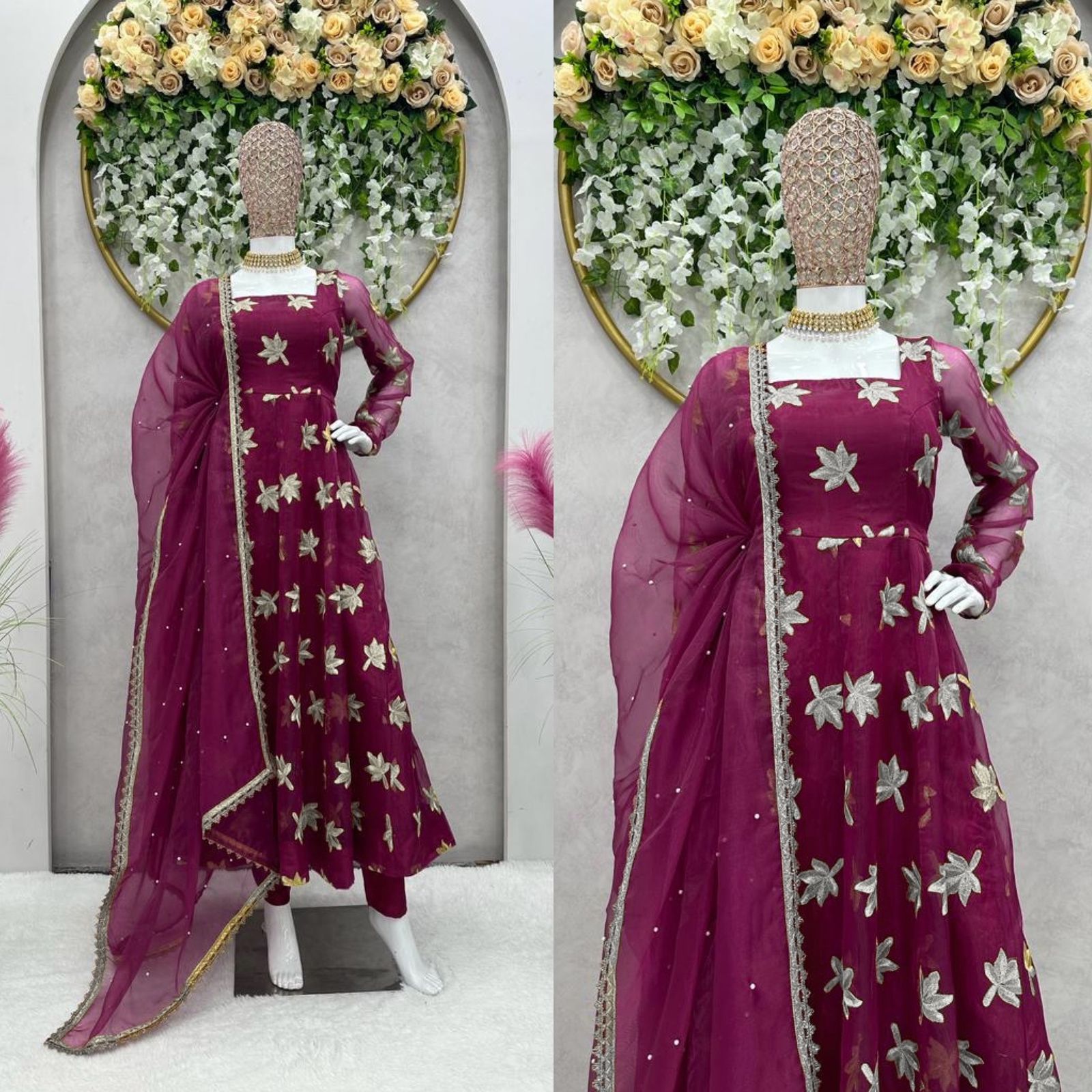 Wine organza thread work anarkali suit