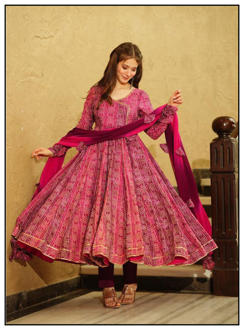 Pink georgette digital printed anarkali suit