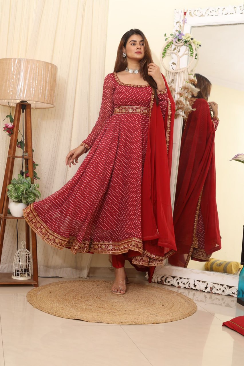 Red georgette print and embroidered gown